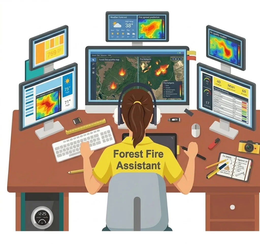 Analista de Forest Fire Assistant revisando información meteorológica y mapas de riesgo en varias pantallas